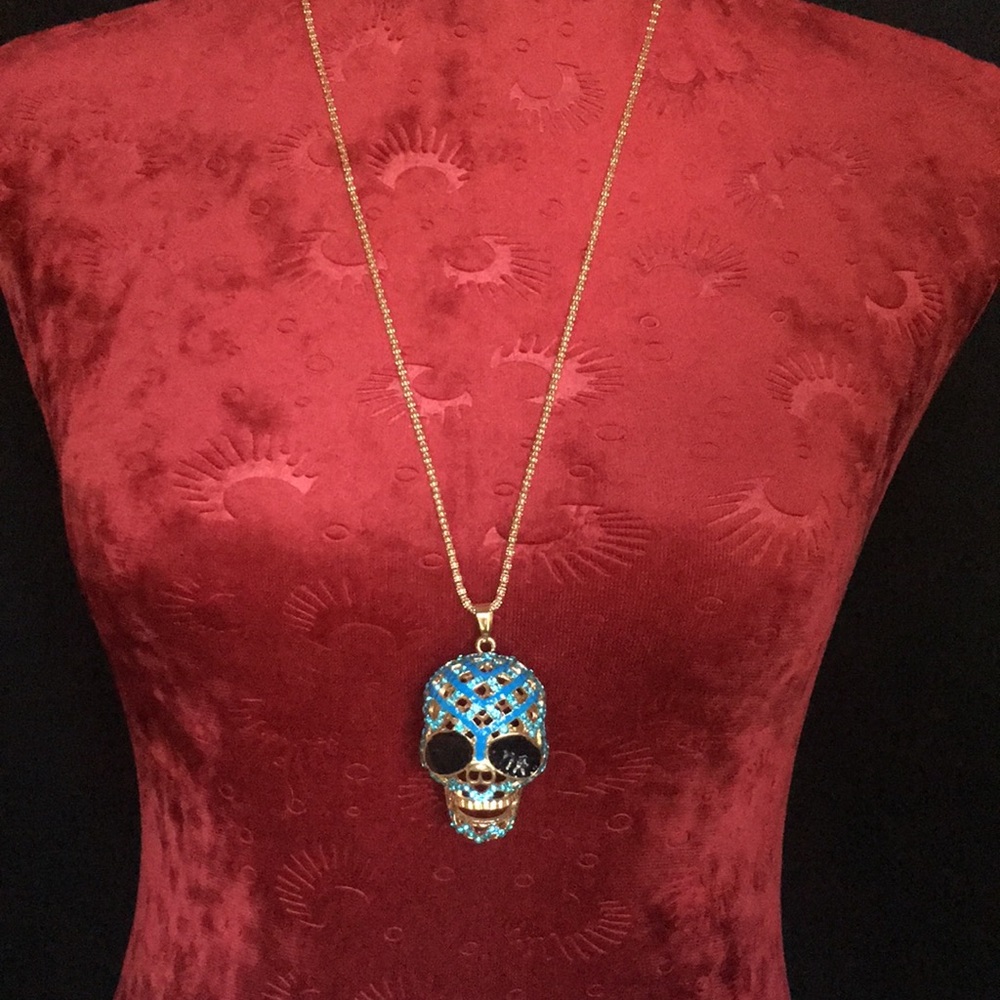 Blue Rhinestone Skull Necklace - Picture 2 of 15